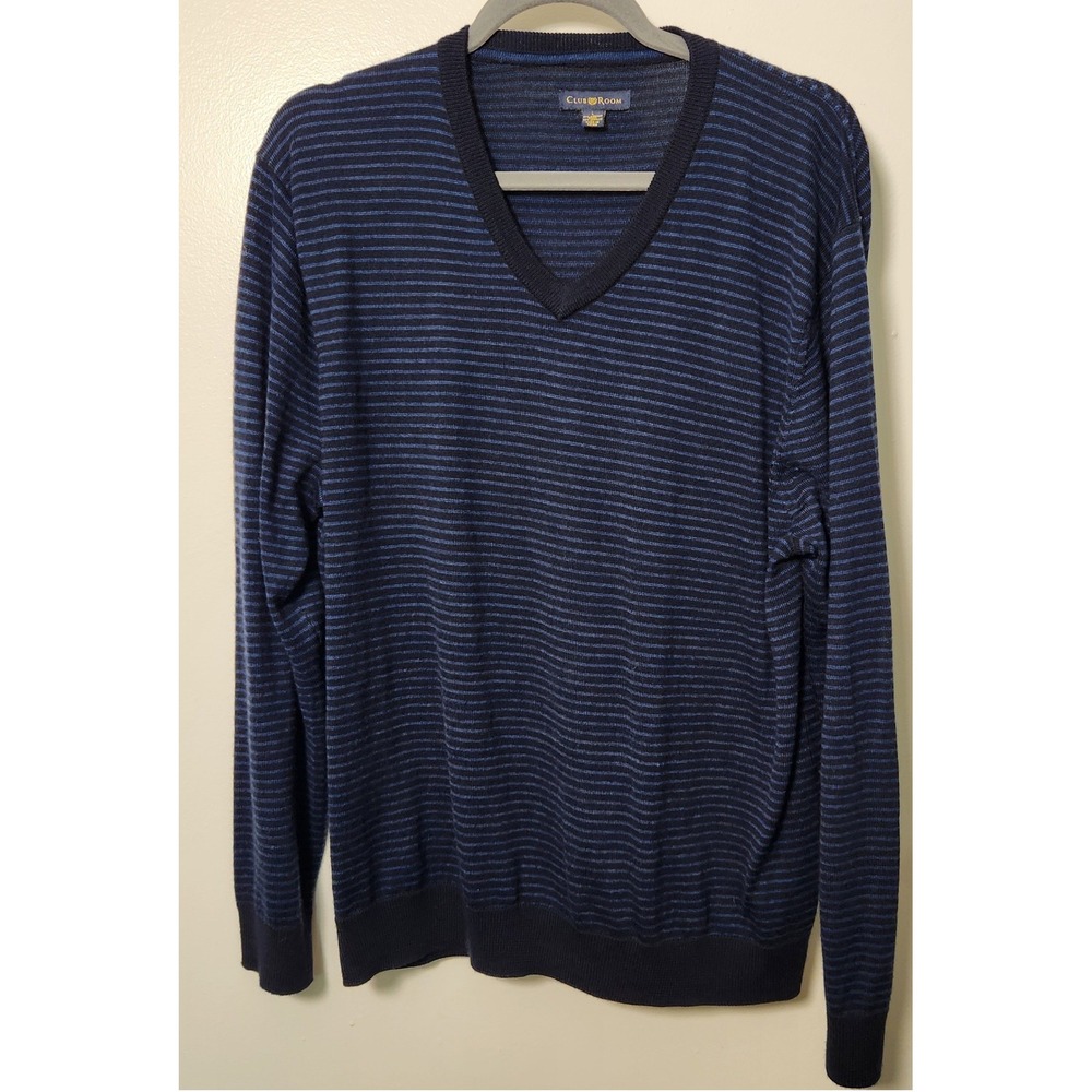 Club Room Men's Blue Merino Wool Blend Sweater Lrg V-Neck Tonal Stripe Preppy